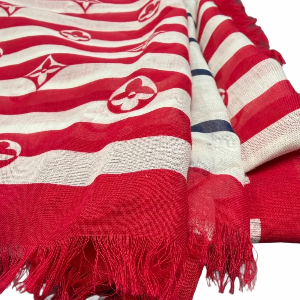 Louis Vuitton Limited Edition Striped Red Blue Monogram Scarf Pareo Shawl M76193